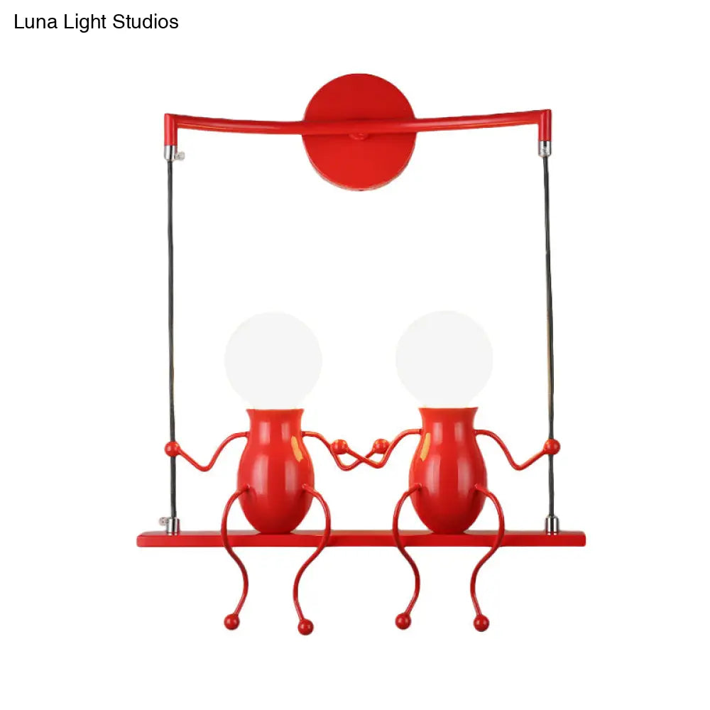 Kids Metal Sconce Light: Black/White/Red Little People 2 Lights Wall Fixture For Living Room