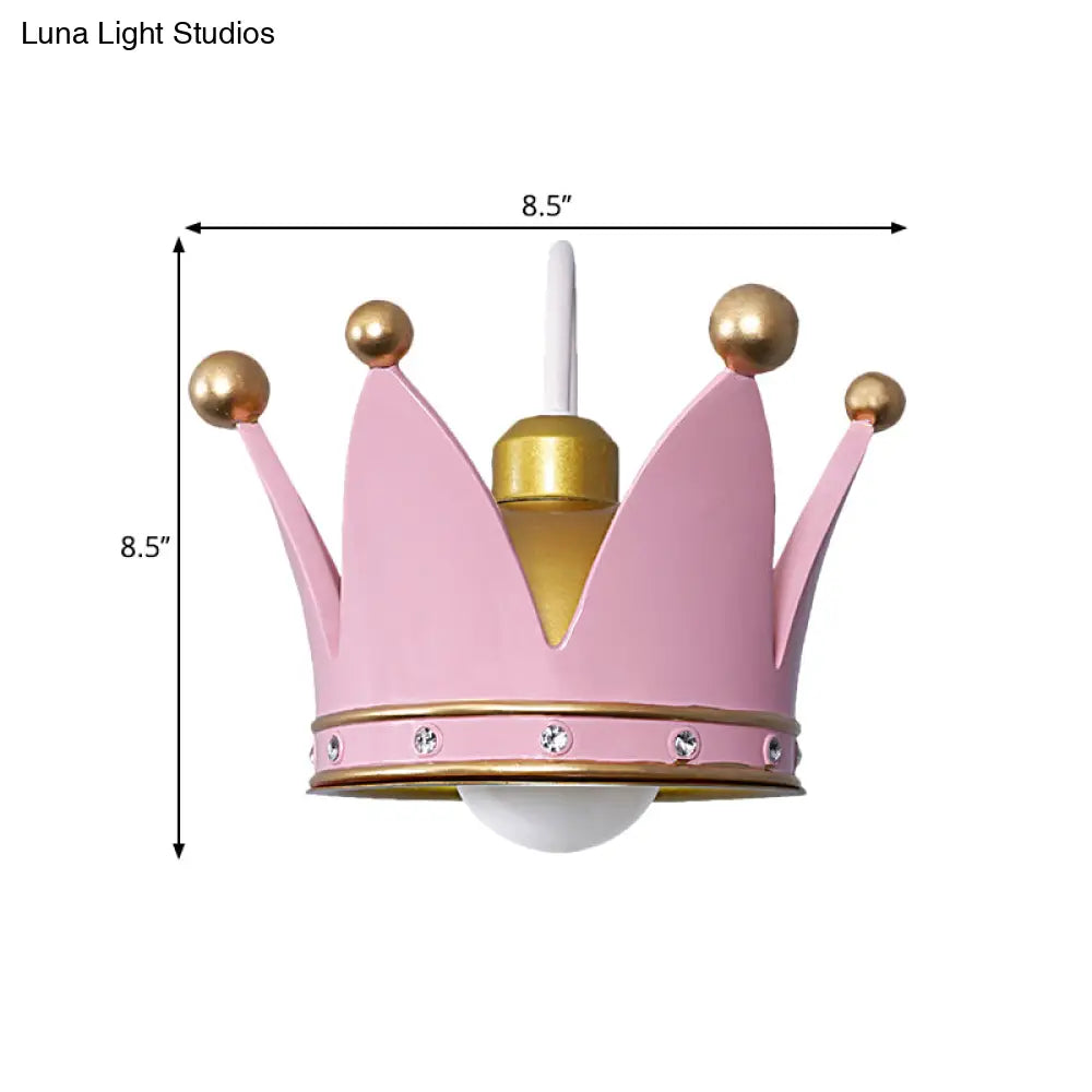 Kids Metal Wall Sconce: Crown Bedroom Light In Gold/Pink - 1-Bulb Mounted