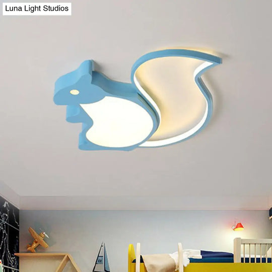 Kids Metallic Blue Led Squirrel-Shaped Flush Light For Bedroom Ceiling