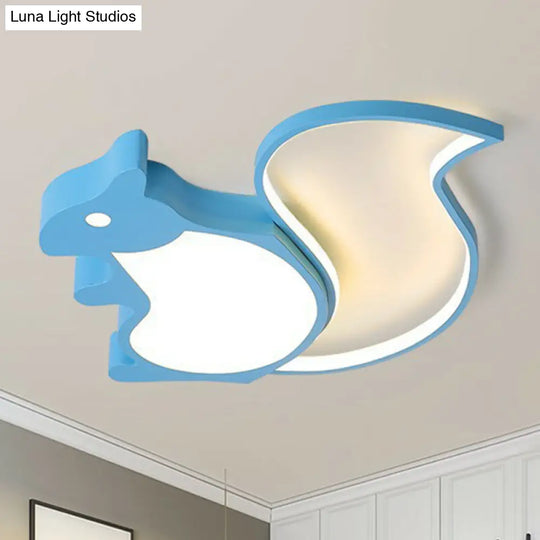 Kids Metallic Blue Led Squirrel-Shaped Flush Light For Bedroom Ceiling / White