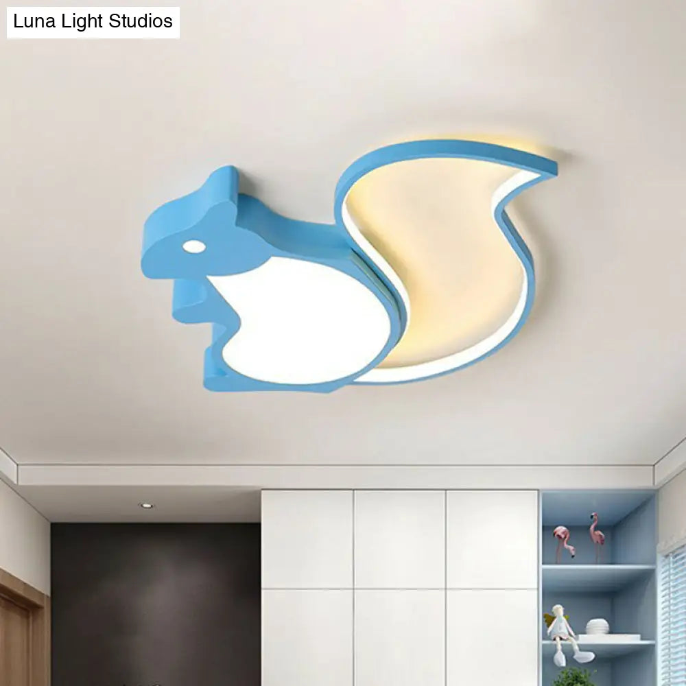 Kids Metallic Blue Led Squirrel-Shaped Flush Light For Bedroom Ceiling