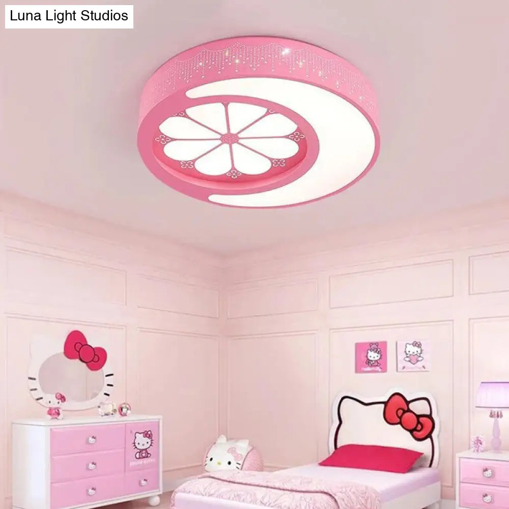 Kids Moon And Flower Acrylic Art Deco Flush Mount Ceiling Light For Childrens Room Pink / White