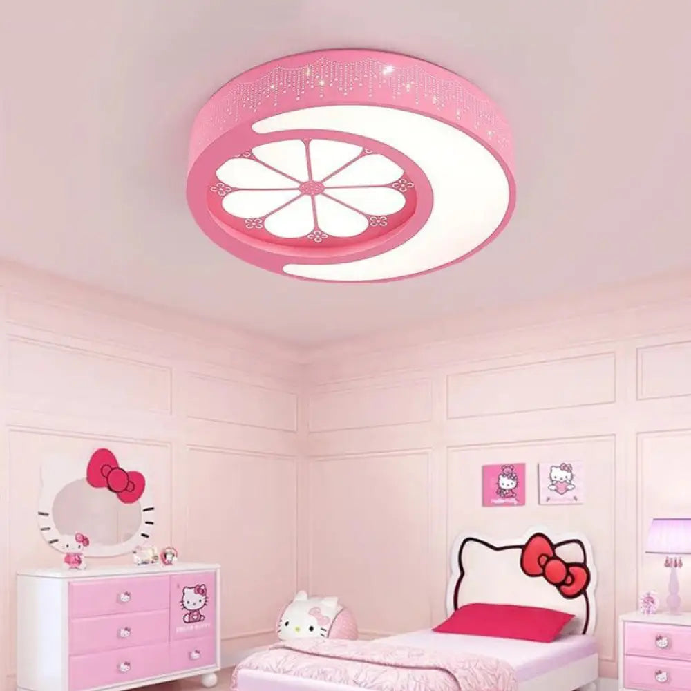 Kids’ Moon And Flower Acrylic Art Deco Flush Mount Ceiling Light For Children’s Room Pink / White