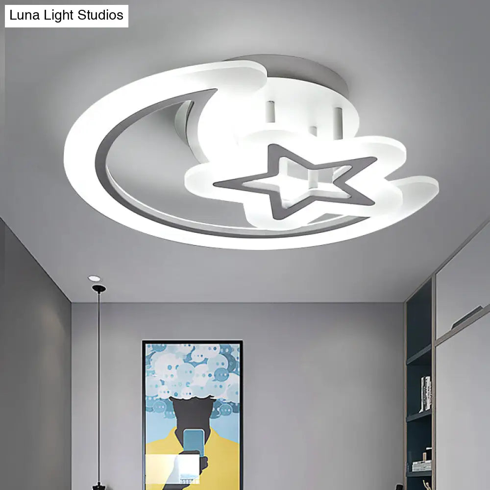 Kids Moon And Star Ceiling Lamp - White Led Semi Flush Mount For Bedroom / 19.5