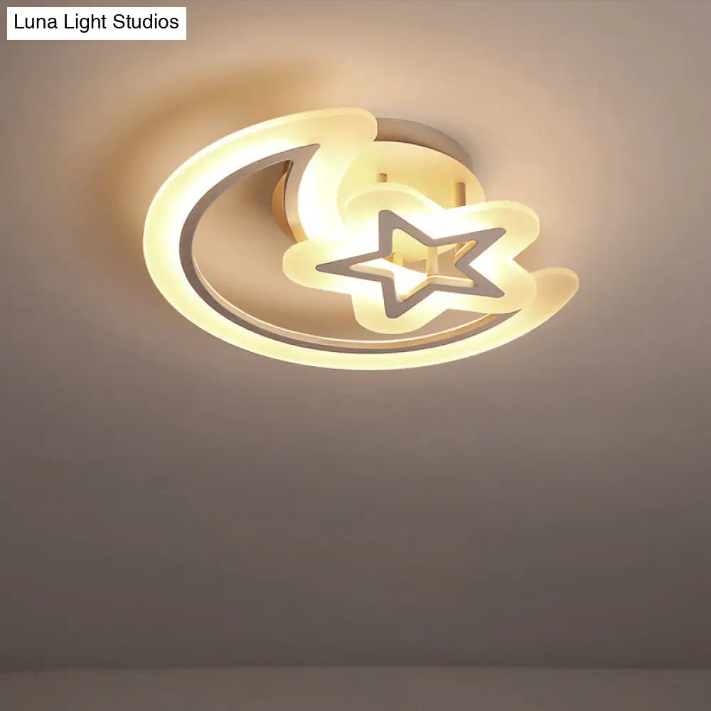 Kids Moon And Star Ceiling Lamp - White Led Semi Flush Mount For Bedroom