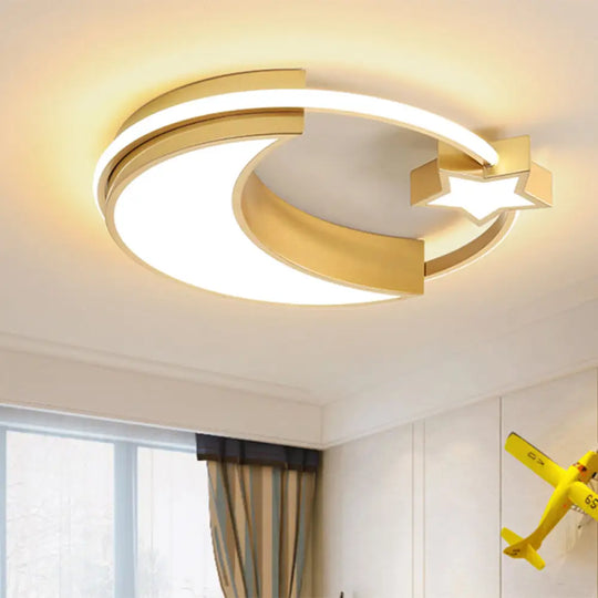 Kids Moon And Star Flush Mount Led Ceiling Light – Gold/Black/White Gold