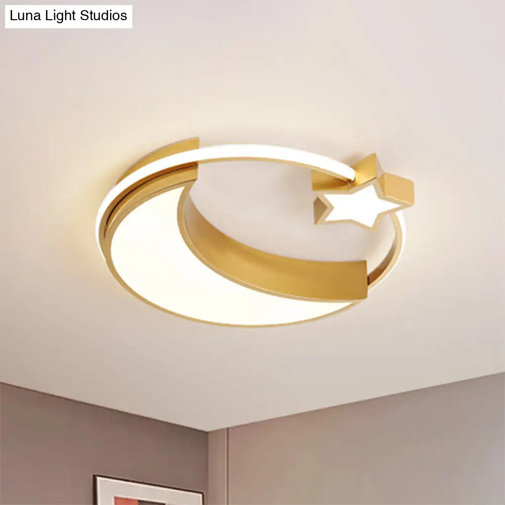 Kids Moon And Star Flush Mount Led Ceiling Light Gold/Black/White