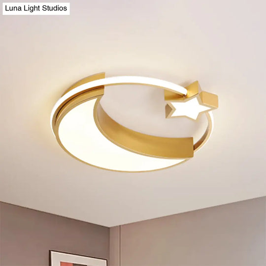 Kids Moon And Star Flush Mount Led Ceiling Light – Gold/Black/White