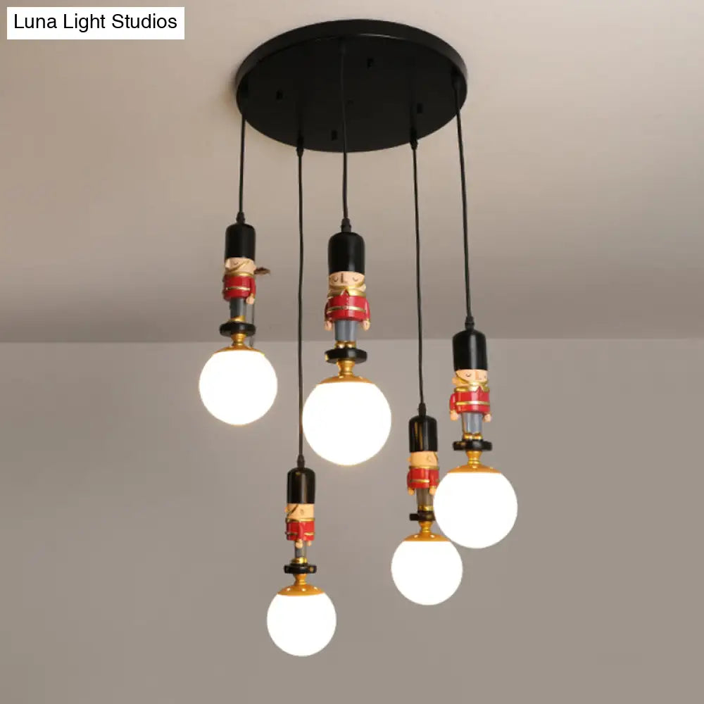 Kids Multi-Light Pendant With Cream Glass Sphere Shade & Decorative Figurine Bedroom Ceiling Light