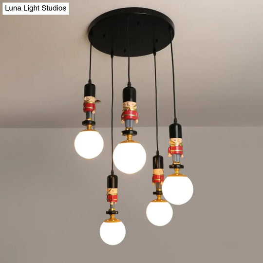 Kids Multi-Light Pendant With Cream Glass Sphere Shade & Decorative Figurine Bedroom Ceiling Light