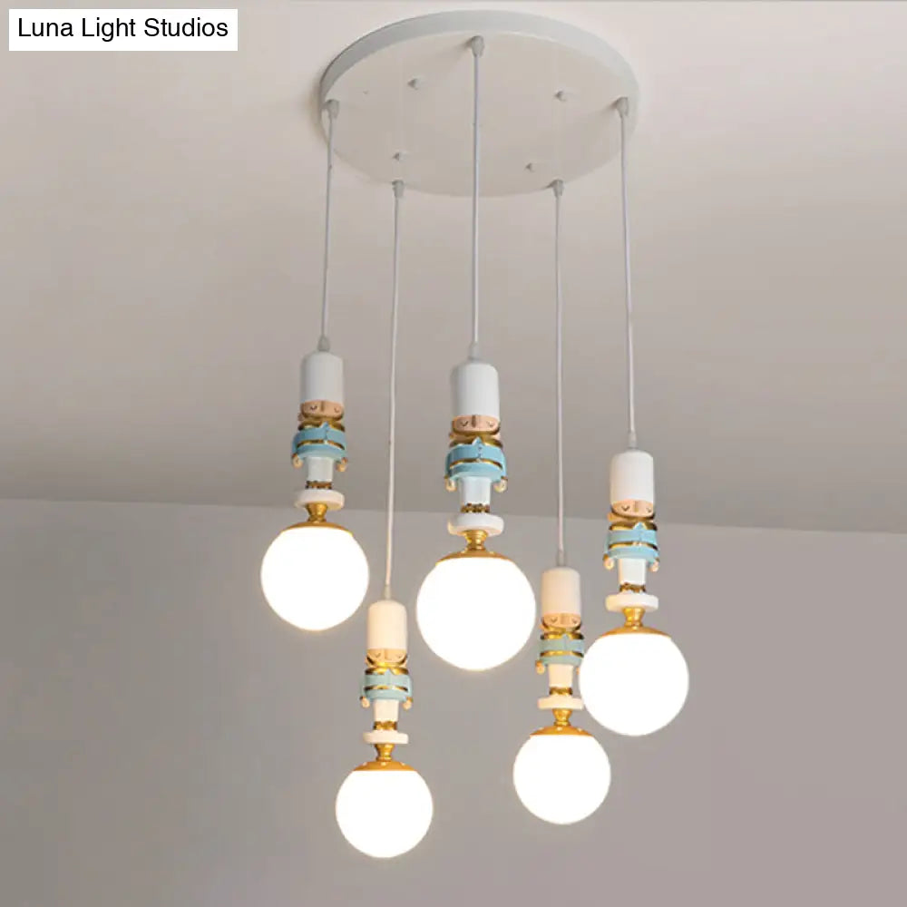 Kids Multi-Light Pendant With Cream Glass Sphere Shade & Decorative Figurine Bedroom Ceiling Light