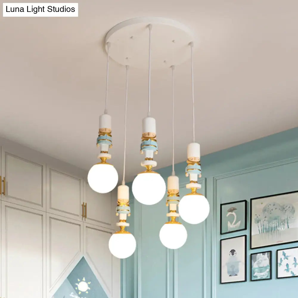 Kids Multi-Light Pendant With Cream Glass Sphere Shade & Decorative Figurine Bedroom Ceiling Light