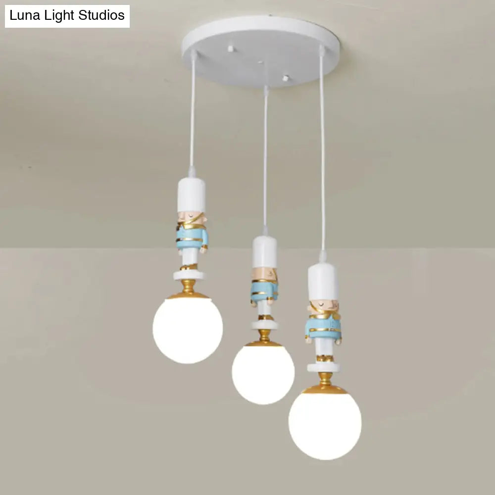 Kids Multi-Light Pendant With Cream Glass Sphere Shade & Decorative Figurine Bedroom Ceiling Light