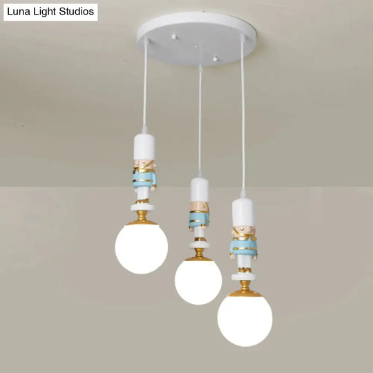 Kids Multi-Light Pendant With Cream Glass Sphere Shade & Decorative Figurine Bedroom Ceiling Light