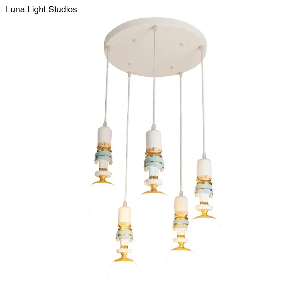 Kids Multi-Light Pendant With Cream Glass Sphere Shade & Decorative Figurine Bedroom Ceiling Light