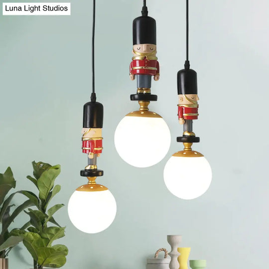 Kids Multi-Light Pendant With Cream Glass Sphere Shade & Decorative Figurine Bedroom Ceiling Light