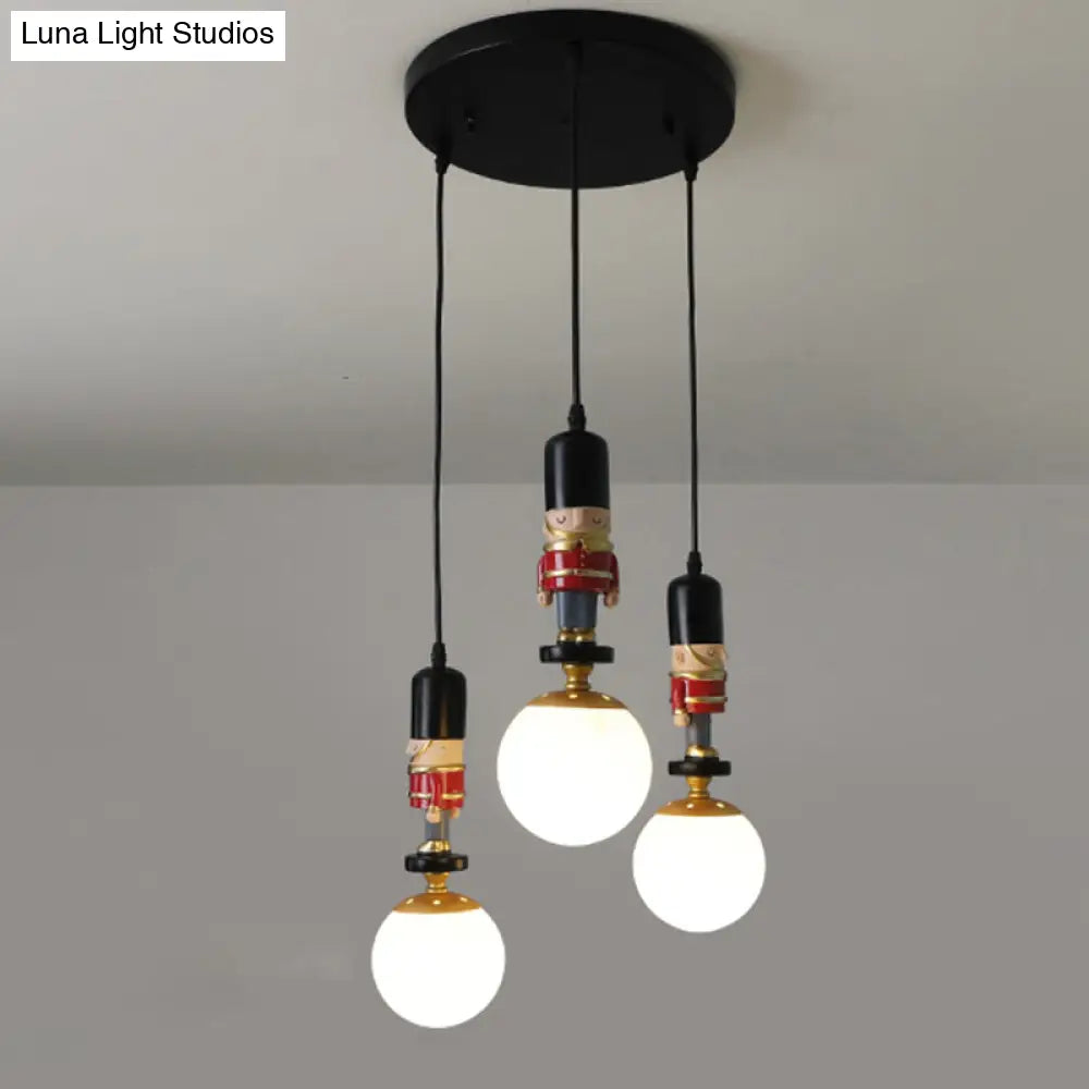 Kids Multi-Light Pendant With Cream Glass Sphere Shade & Decorative Figurine Bedroom Ceiling Light