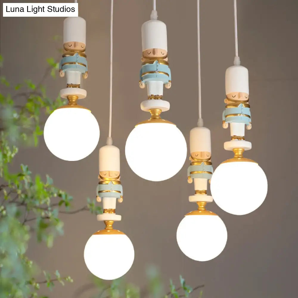 Kids Multi-Light Pendant With Cream Glass Sphere Shade & Decorative Figurine Bedroom Ceiling Light