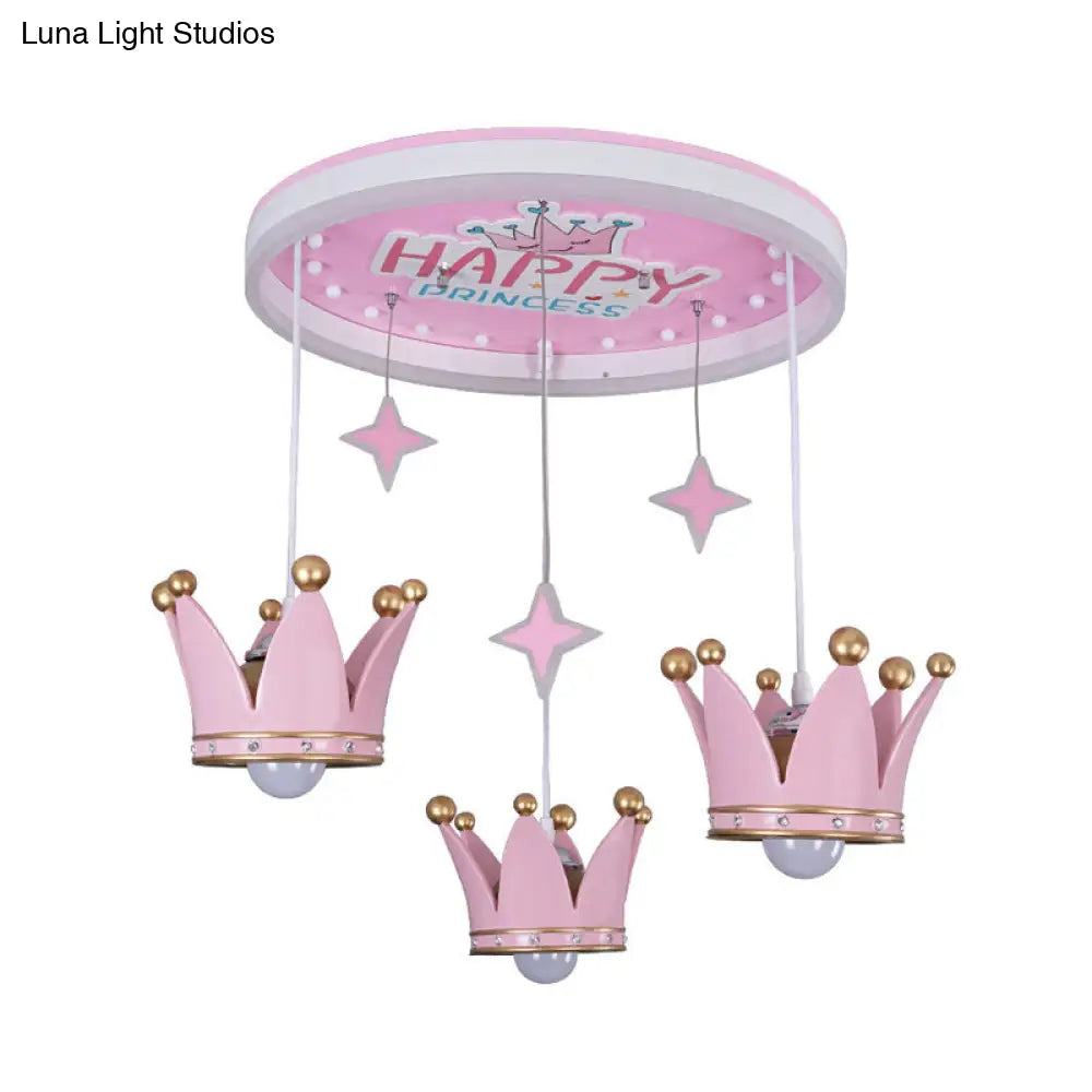 Kids Pink Acrylic Ceiling Flush Mount Light With 3 Bulbs And Suspended Resin Crown