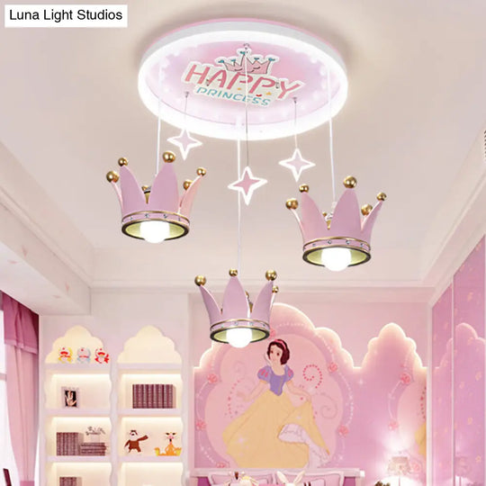 Kids Pink Acrylic Ceiling Flush Mount Light With 3 Bulbs And Suspended Resin Crown