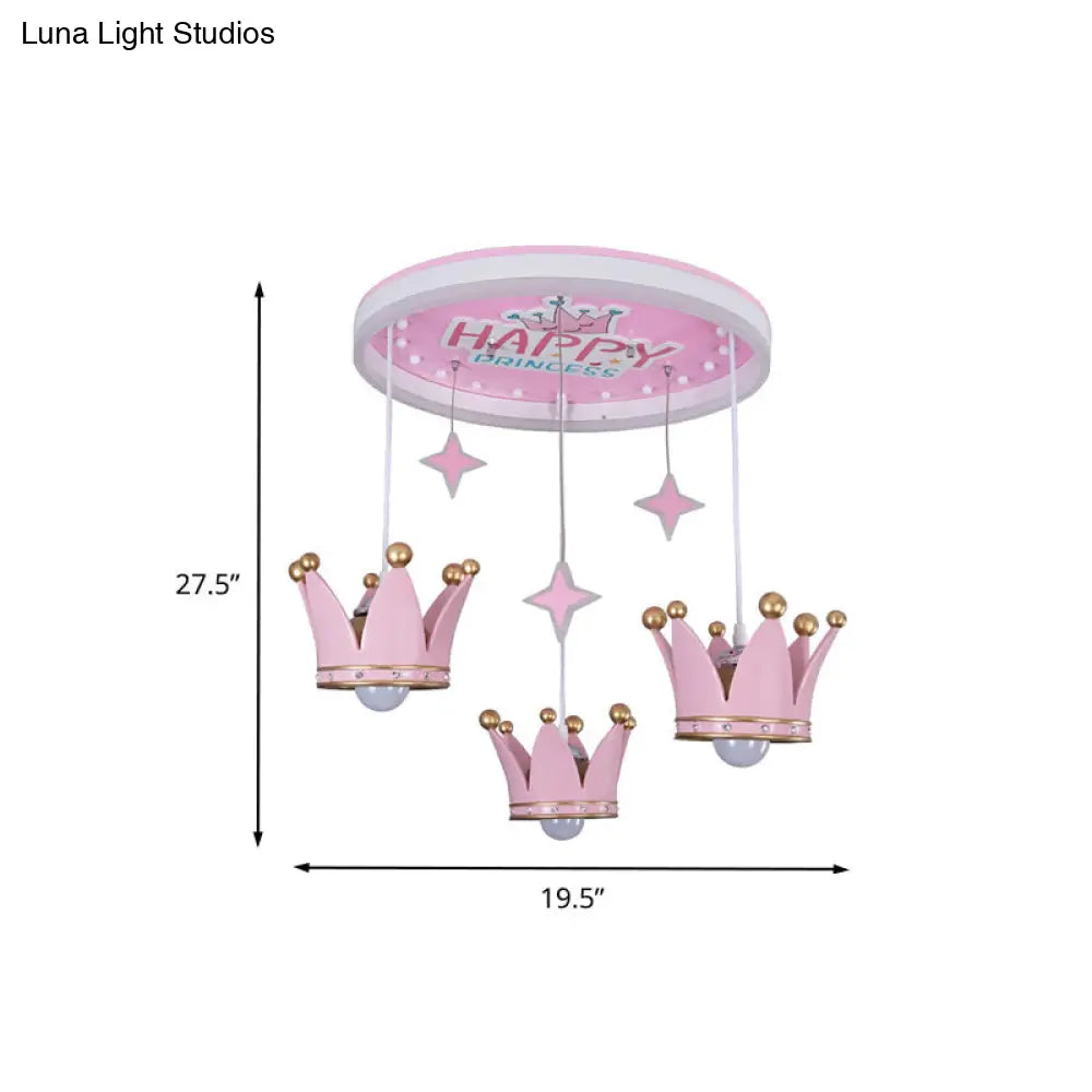 Kids Pink Acrylic Ceiling Flush Mount Light With 3 Bulbs And Suspended Resin Crown