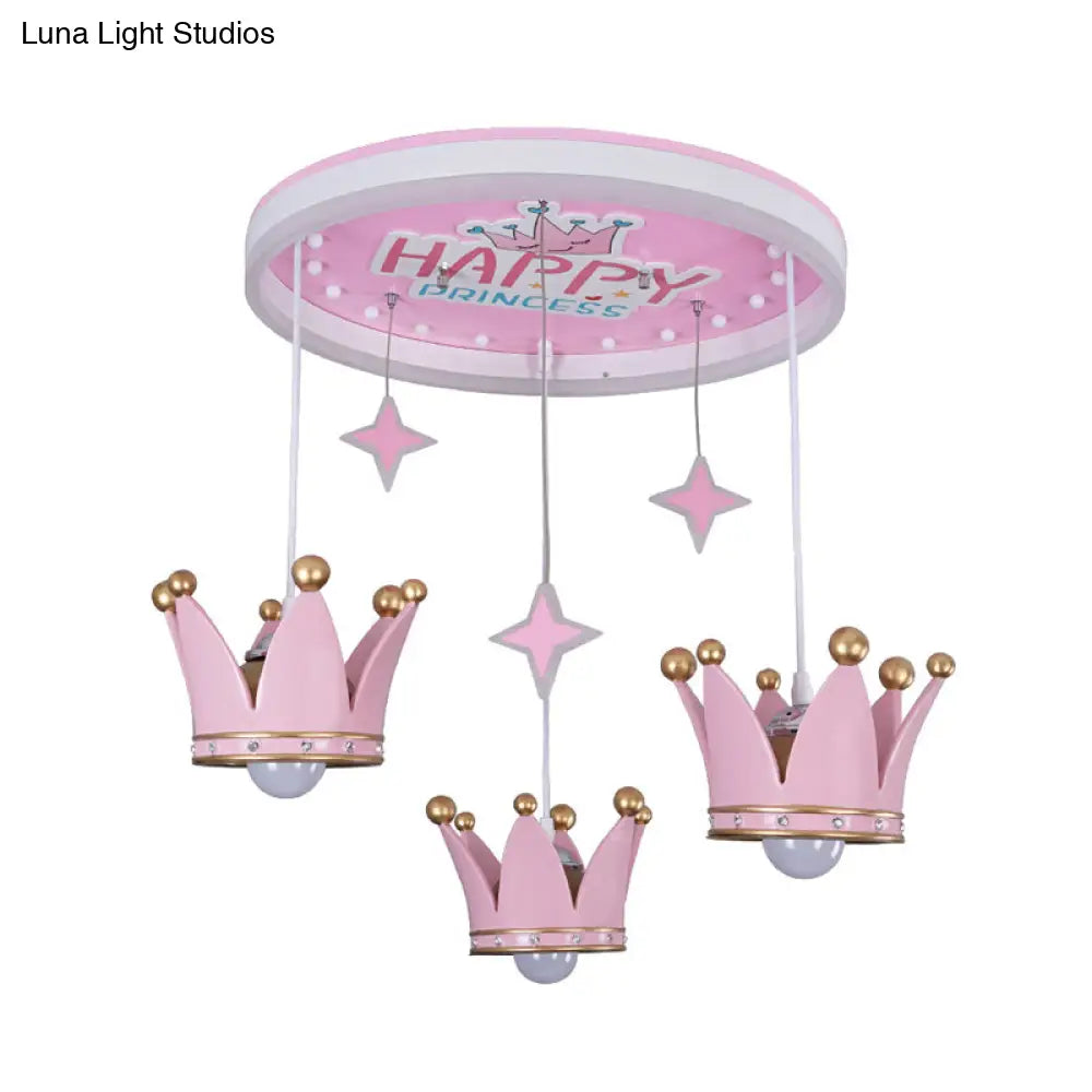 Kid’s Pink Acrylic Ceiling Flush Mount Light With 3 Bulbs And Suspended Resin Crown