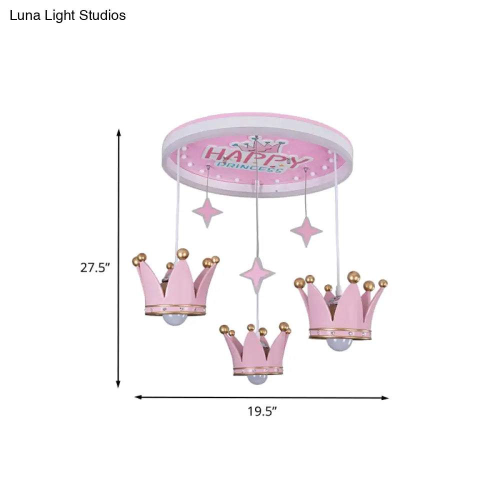 Kid’s Pink Acrylic Ceiling Flush Mount Light With 3 Bulbs And Suspended Resin Crown