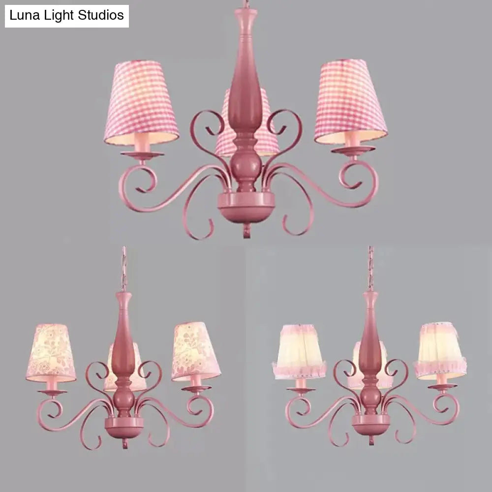 Kids Pink Chandelier: Girl Bedroom Metal Shade Tapered 3 Lights Hanging Light