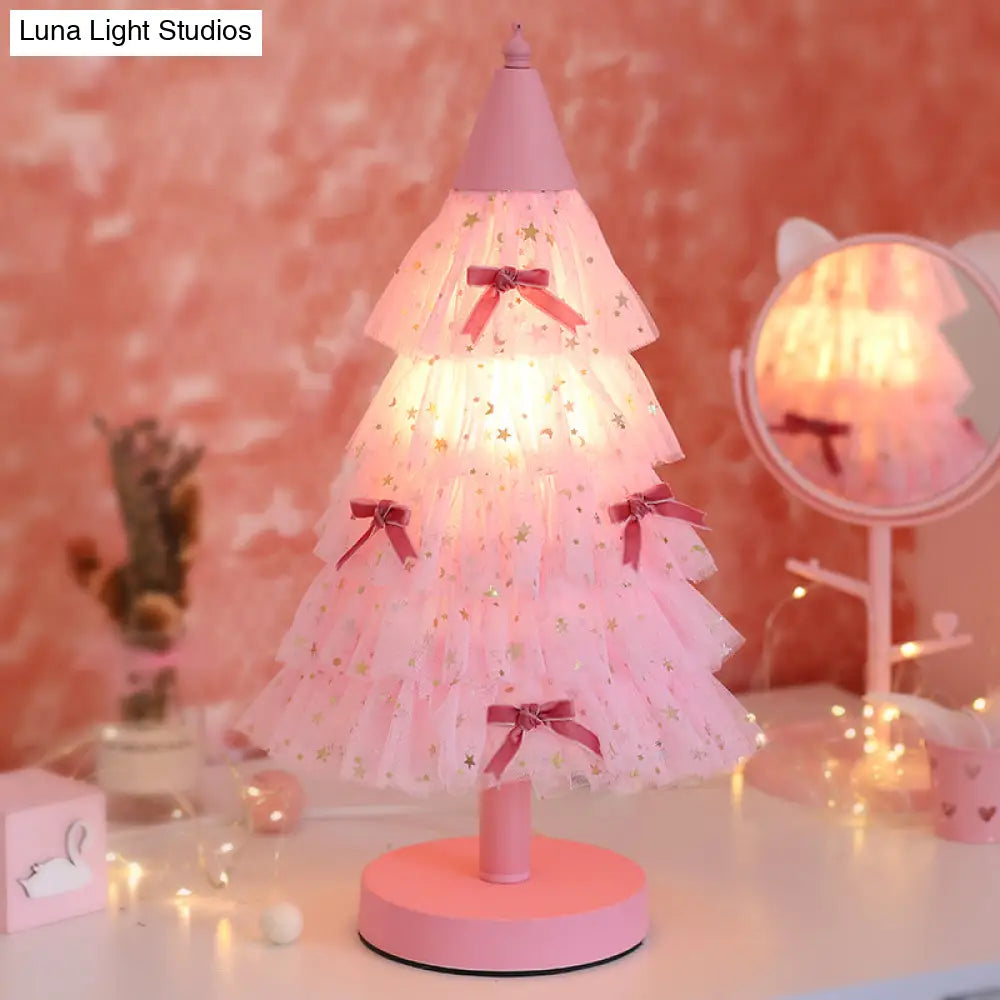 Kids Pink Christmas Tree Table Nightstand Light With Round Base - Perfect For Girls Bedroom