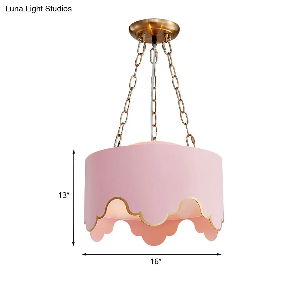 Kids Pink Drum Pendant Ceiling Light: Ruffled Edge Iron 1-Bulb Suspension Lamp For Nursery