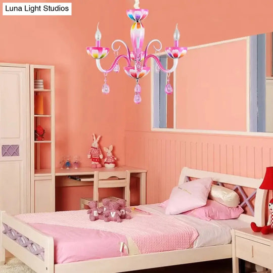 Kids Pink Nursing Room Chandelier Pendant Light With Crystal Deco - Metal Finish