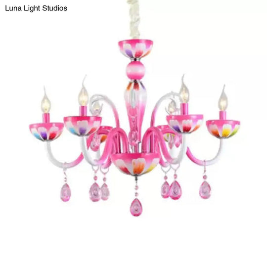 Kids Pink Nursing Room Chandelier Pendant Light With Crystal Deco - Metal Finish