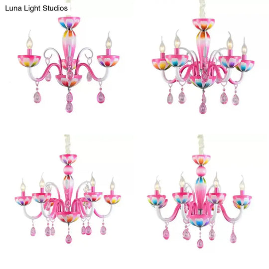 Kids Pink Nursing Room Chandelier Pendant Light With Crystal Deco - Metal Finish