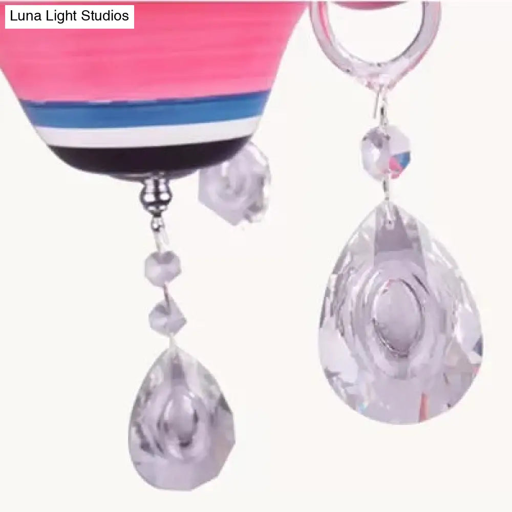 Kids Pink Teardrop Crystal Pendant Light: Candle-Shaped Metal Hanging Light For Girls Room