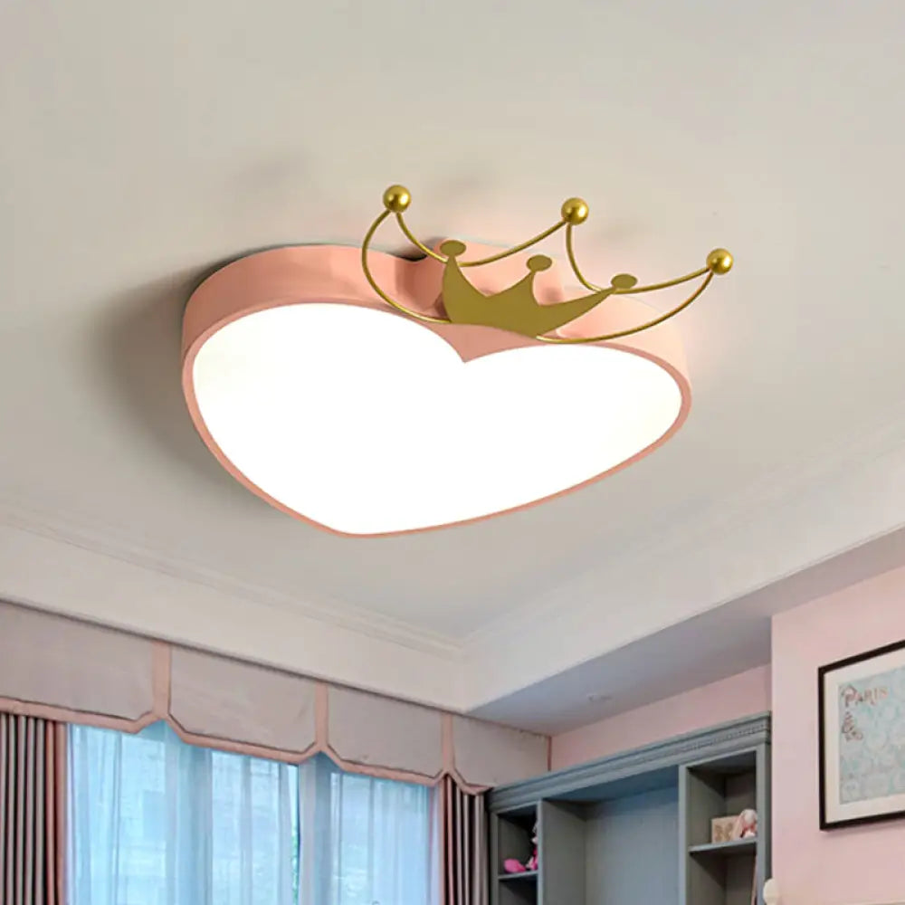 Kids’ Pink/White Apple Ceiling Mount Light With Crown Ornament - Led Acrylic Flush - Mount