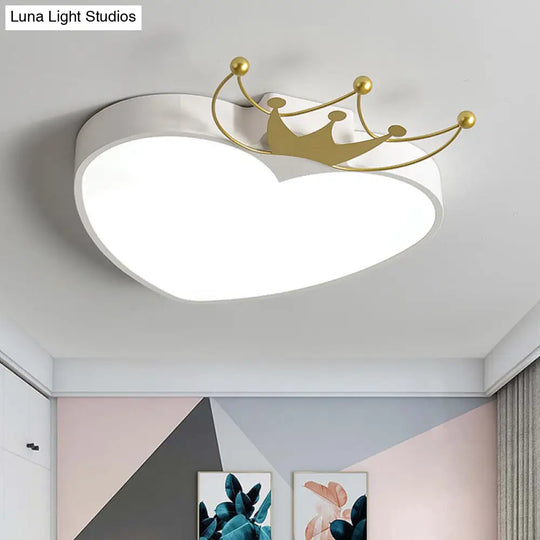 Kids Pink/White Apple Ceiling Mount Light With Crown Ornament - Led Acrylic Flush-Mount Fixture