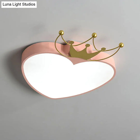 Kids Pink/White Apple Ceiling Mount Light With Crown Ornament - Led Acrylic Flush-Mount Fixture