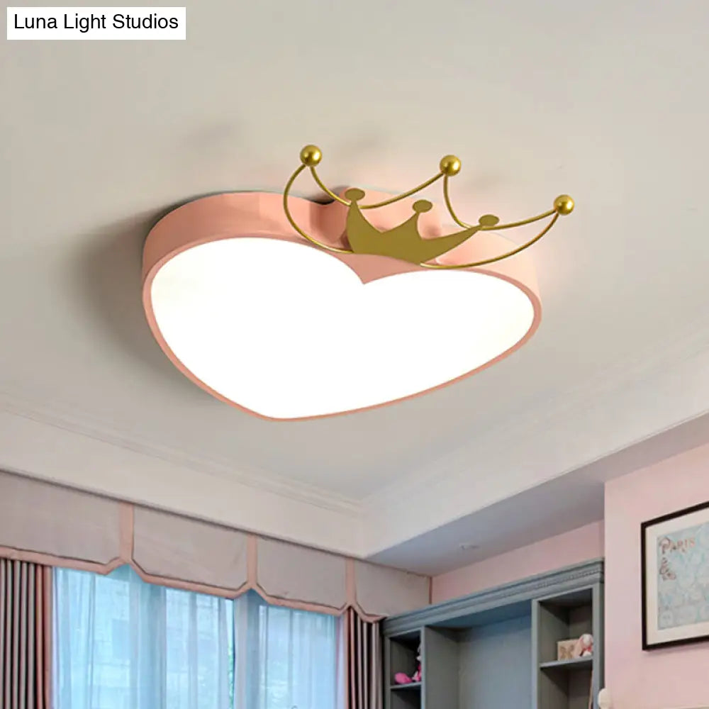 Kids Pink/White Apple Ceiling Mount Light With Crown Ornament - Led Acrylic Flush-Mount Fixture Pink