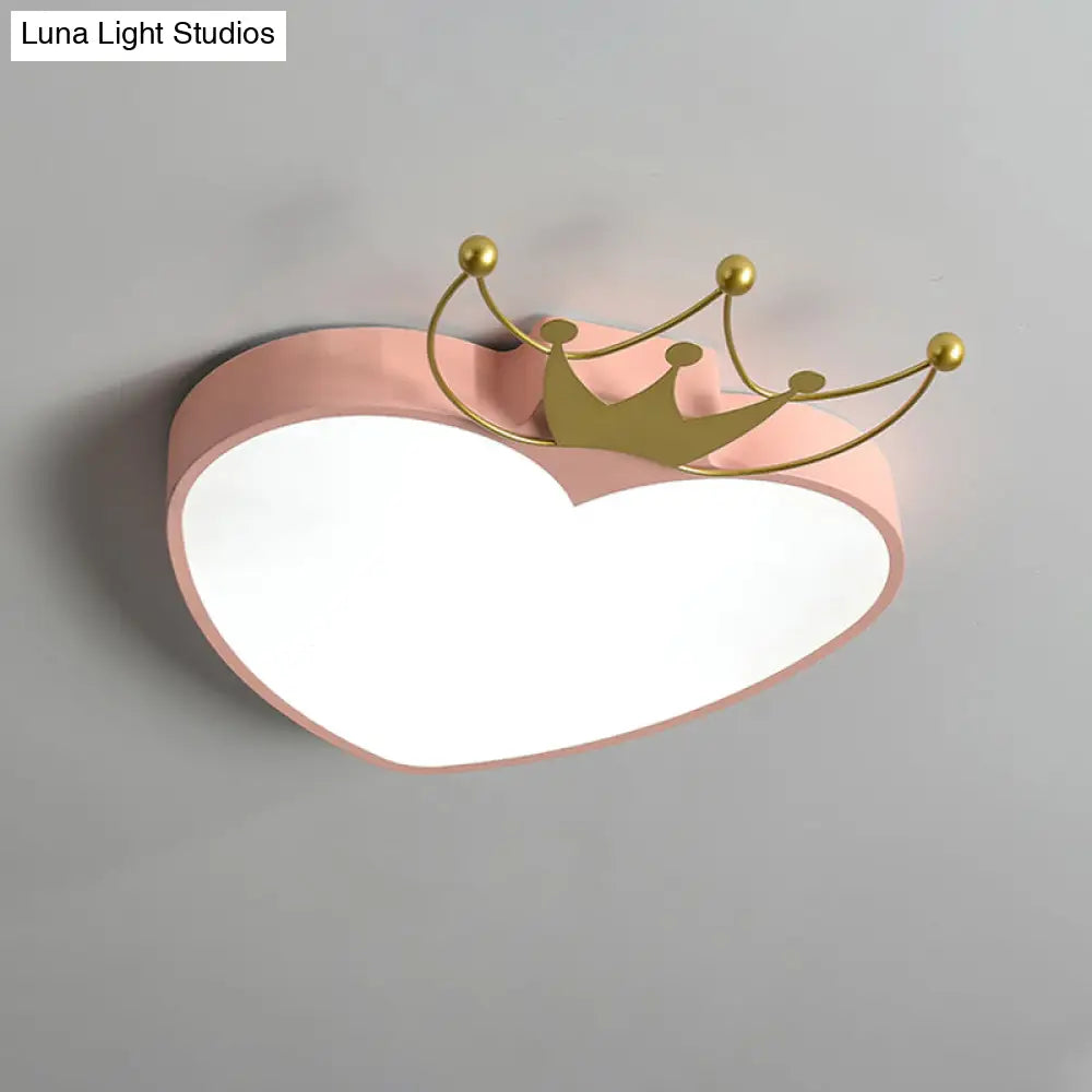 Kids’ Pink/White Apple Ceiling Mount Light With Crown Ornament - Led Acrylic Flush - Mount Fixture