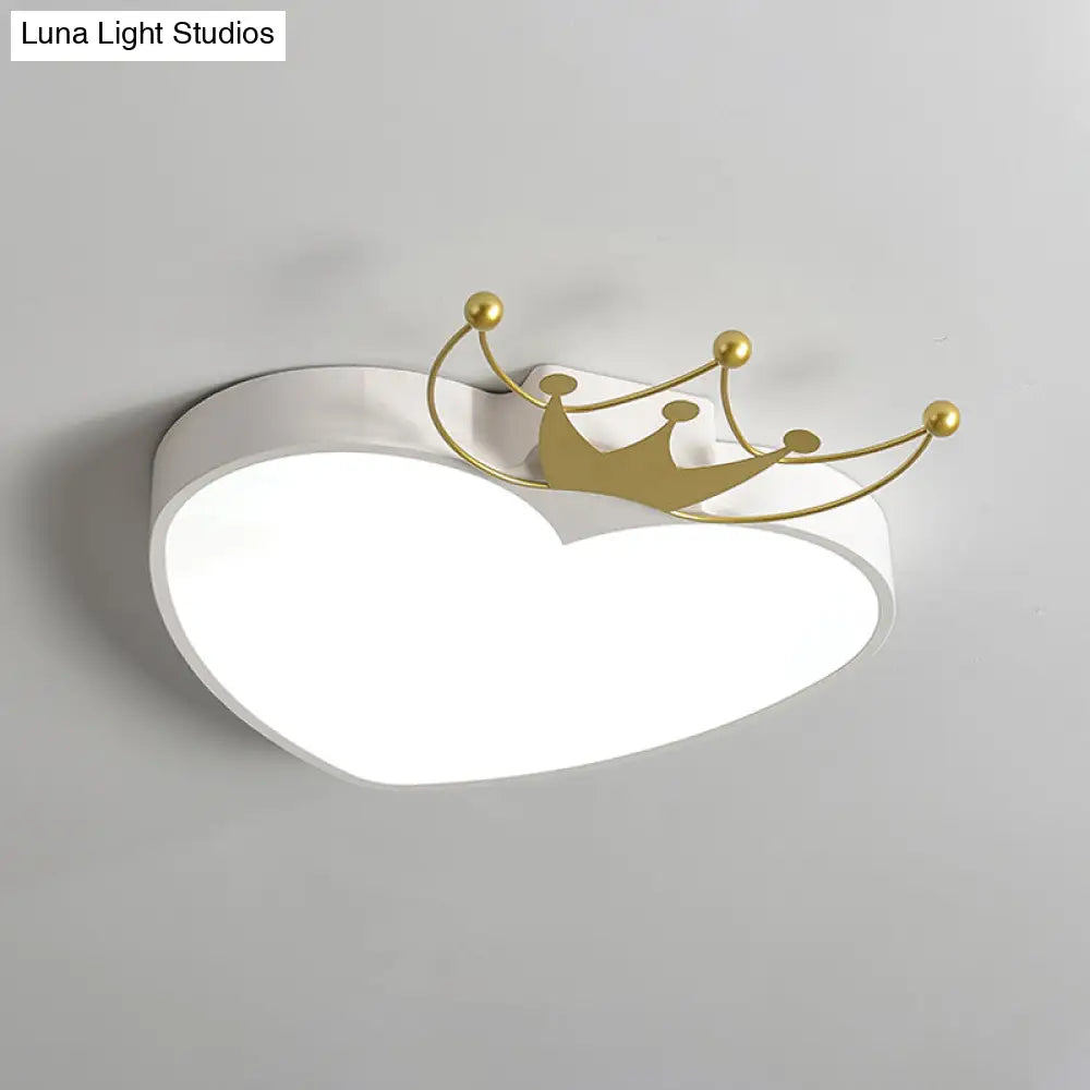 Kids’ Pink/White Apple Ceiling Mount Light With Crown Ornament - Led Acrylic Flush - Mount Fixture