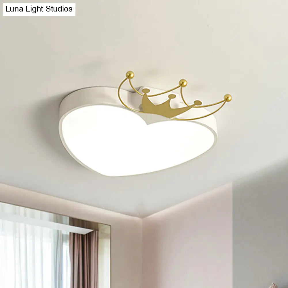 Kids’ Pink/White Apple Ceiling Mount Light With Crown Ornament - Led Acrylic Flush - Mount Fixture