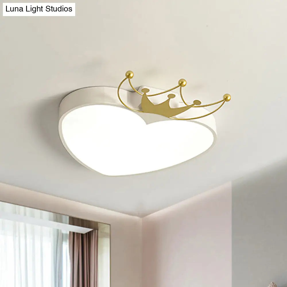 Kids Pink/White Apple Ceiling Mount Light With Crown Ornament - Led Acrylic Flush-Mount Fixture