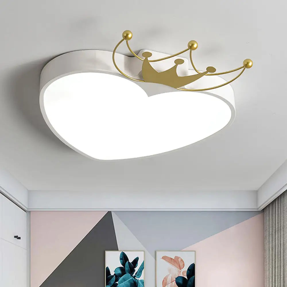 Kids’ Pink/White Apple Ceiling Mount Light With Crown Ornament - Led Acrylic Flush - Mount