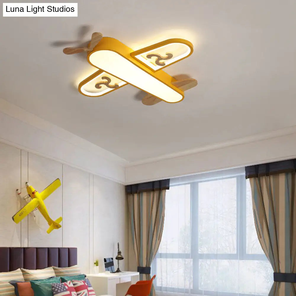 Kids Plane Led Ceiling Light With Wooden Accents For Bedroom Flush Mount