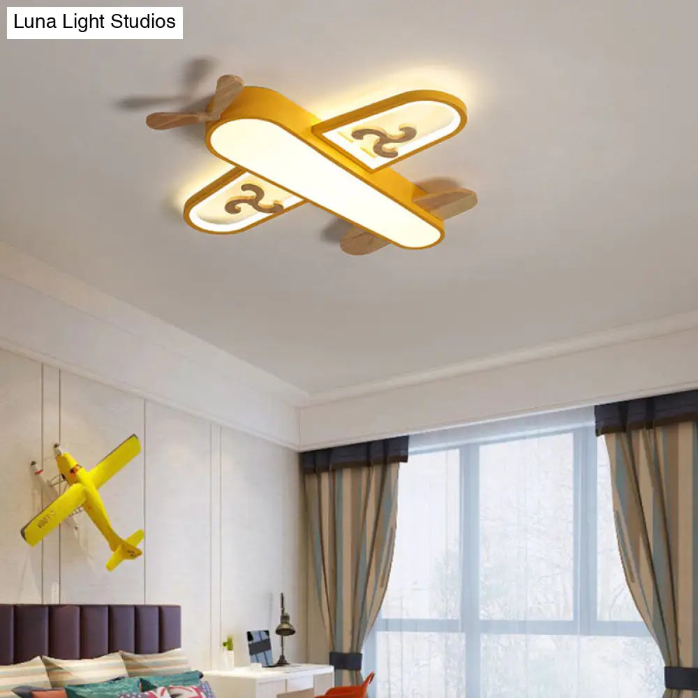 Kid’s Plane Led Ceiling Light With Wooden Accents For Bedroom Flush Mount