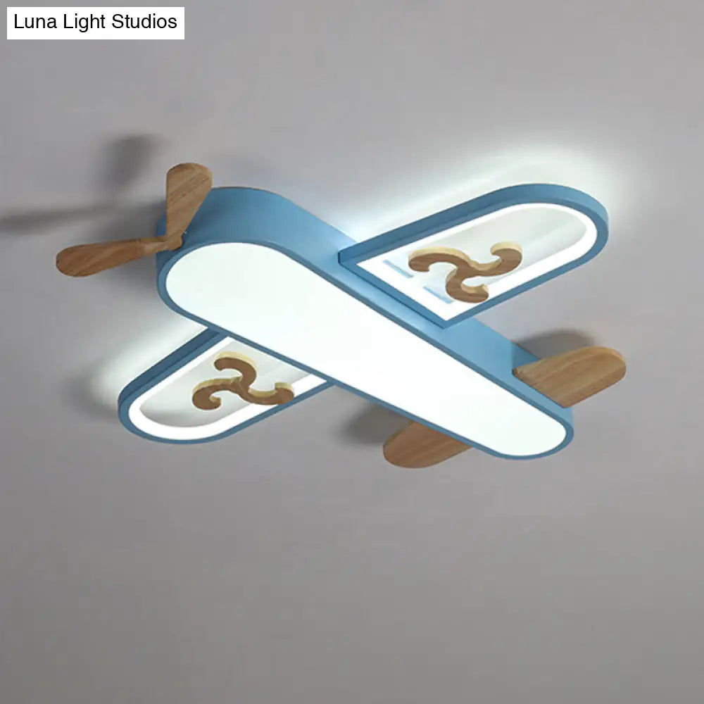 Kids Plane Led Ceiling Light With Wooden Accents For Bedroom Flush Mount Blue / 21.5 Warm