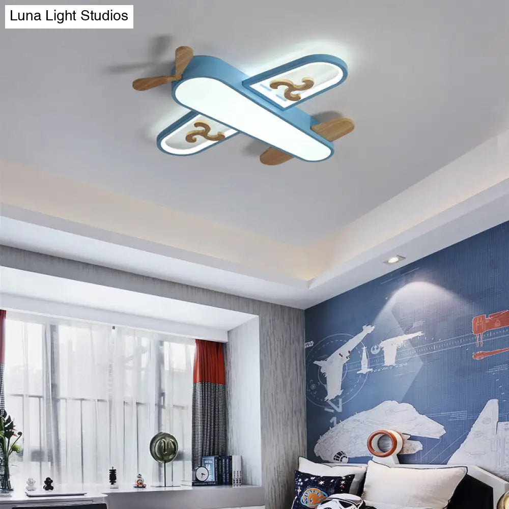 Kids Plane Led Ceiling Light With Wooden Accents For Bedroom Flush Mount