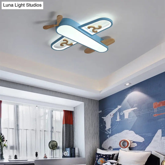 Kid’s Plane Led Ceiling Light With Wooden Accents For Bedroom Flush Mount