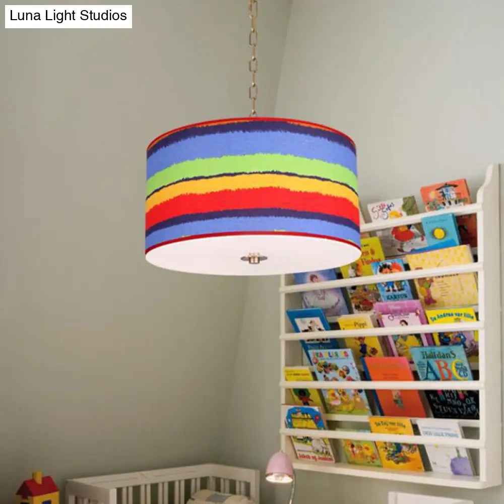 Kids Red And Blue Drum Ceiling Light - 1-Light Fabric Hanging Pendant For Bedroom