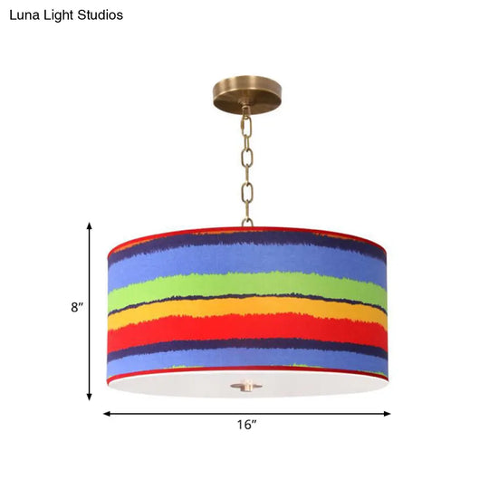 Kids Red And Blue Drum Ceiling Light - 1-Light Fabric Hanging Pendant For Bedroom